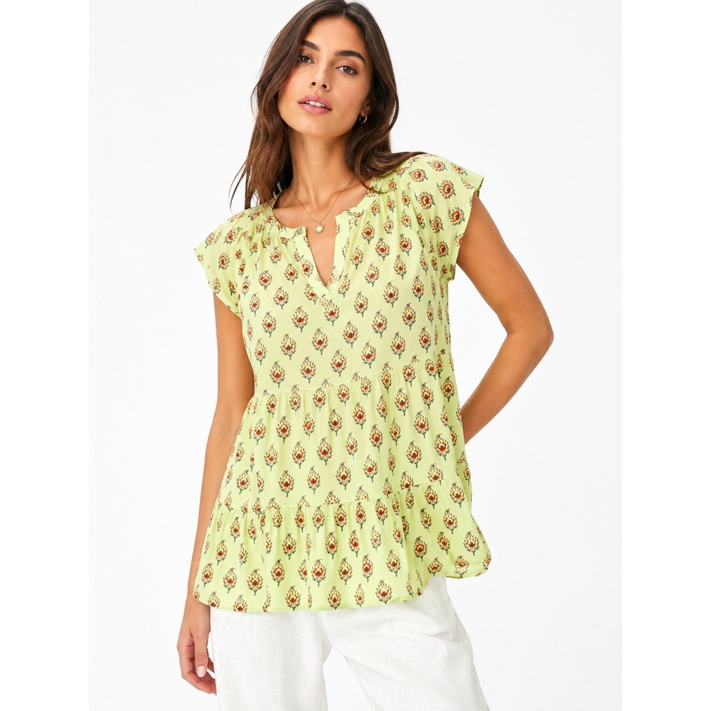 Roller Rabbit Tunic Top Womens 10 Lime Green Floral Block Print Tiered Babydoll